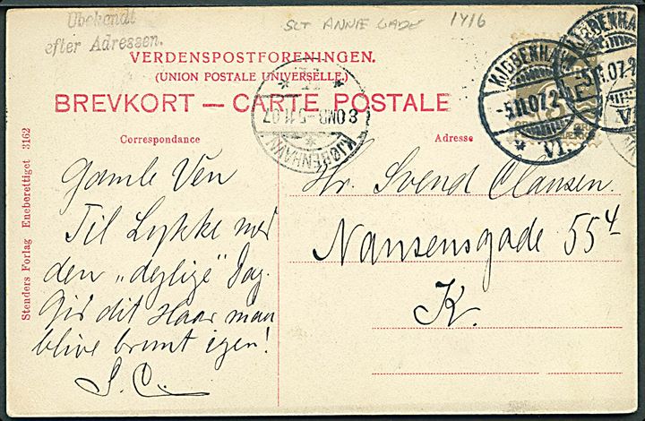 3 øre Bølgelinie på lokalt brevkort (Fra det gamle Christianshavn. Soldater i Sct. Annæ gade) stemplet Kjøbenhavn d. 5.11.1907. Lille sort stempel: Ubekendt efter Adressen.