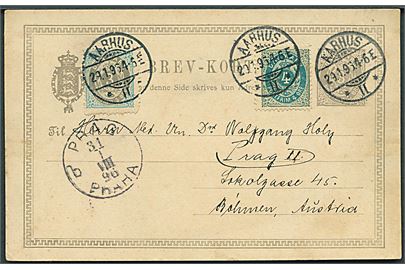 3 øre helsagsbrevkort opfrankeret med 3 øre (rundt hj.) og 4 øre omv. rm. Tofarvet fra Aarhus d. 29.1.1896 til Prag, Østrig.