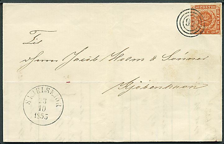 4 sk. 1854 udg. på brev annulleret med nr.stempel 92 og sidestemplet antiqua Skjelskiør d. 23.10.1855 til Kjøbenhavn.