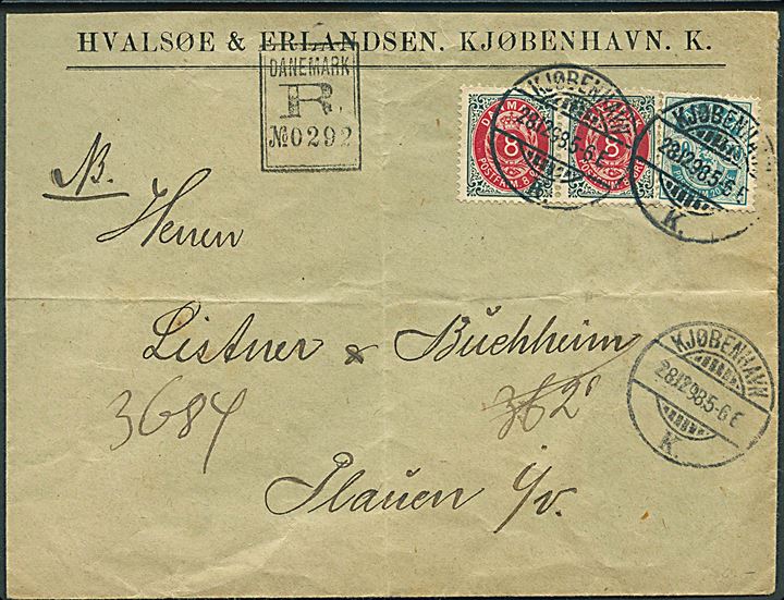 8 øre Tofarvet tryk 94 omv. rm. (pos. 91-100) og 20 øre Våben på anbefalet brev fra Kjøbenhavn d. 28.12.1898 til Plauen, Tyskland. Folder.