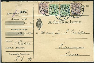 5 øre (par) og 15 øre (2) Våben på adressebrev for pakke med postopkrævning fra Kjøbenhavn d. 18.6.1903 til Odder. Liniestempel Postopkrævning over pakke-reg.-etiket. Usædvanlig.