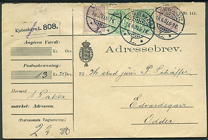 5 øre (par) og 15 øre (2) Våben på adressebrev for pakke med postopkrævning fra Kjøbenhavn d. 18.6.1903 til Odder. Liniestempel Postopkrævning over pakke-reg.-etiket. Usædvanlig.