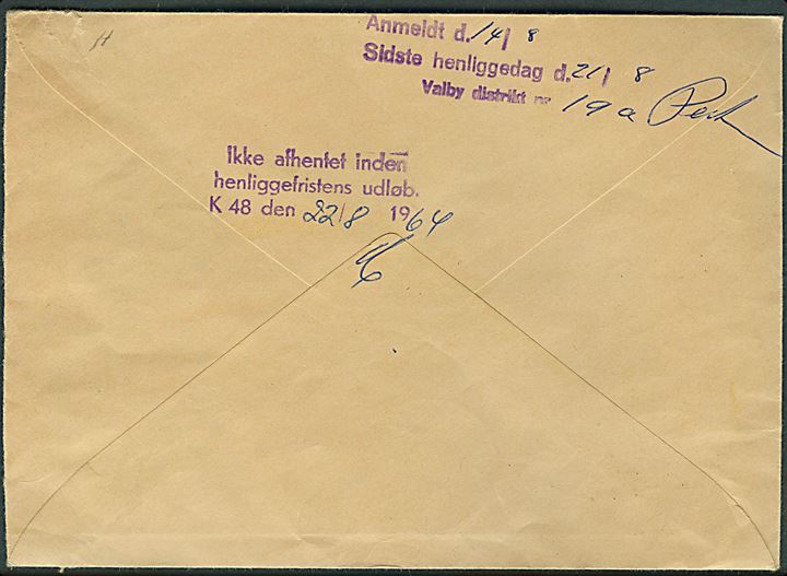 95 øre Fr. IX single på anbefalet rudekuvert fra København 10 d. 13.8.1964. Anmeldt og returneret som ikke afhentet fra København 48.