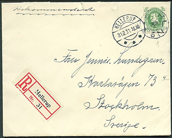 40 øre Chr. X 60 år single på anbefalet brev annulleret med stjernestempel HL. No 1 og sidestemplet Hellerup d. 31.12.1931 til Stockholm, Sverige.