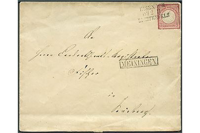3 kr. Lille Brystskjold på brev annulleret med bureaustempel Eisenach - Lichtenfels d. 12.2.1873 og sidestemplet med stations-rammestempel Meiningen til Sonneberg.