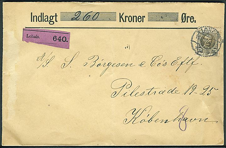 25 øre Fr. VIII single på værdibrev fra Lohals d. 14.10.1907 til Kjøbenhavn. Fold.