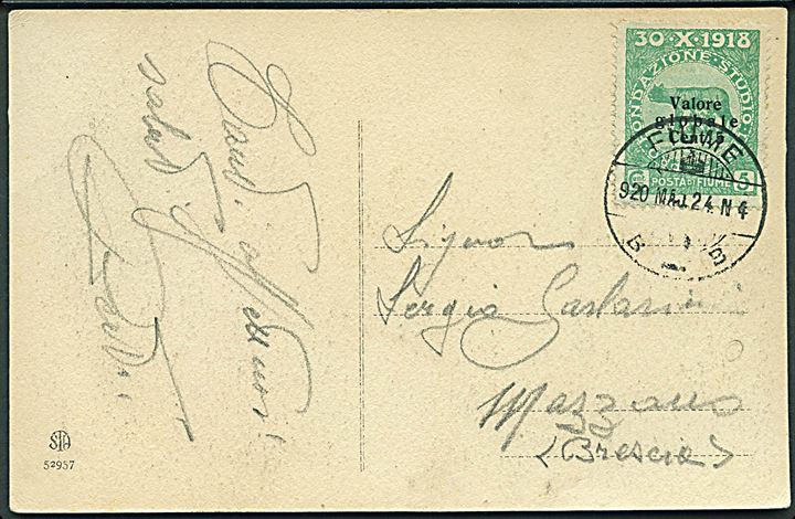 5/5 c. Valore globale Provisorium single på brevkort (Molo e Piazza Dante) fra Fiume d. 24.5.1920 til Mazzano.