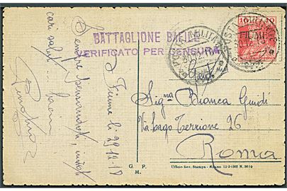 Ungarsk 10 f. overtrykt FIUME på brevkort annulleret med italiensk feltpoststempel POSTA MILITARE 83 d. 30.12.1918 til Rom. Violet censurstempel: Battaglione Bafile / verificato per censura.