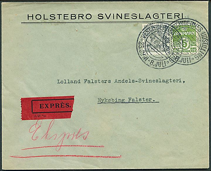 5 øre Bølgelinie og 50 øre Chr. X på ekspresbrev annulleret med udstillingsstempel fra Vestjydernes Udstilling i Holstebro d. 6.6.1934 til Nykøbing F.