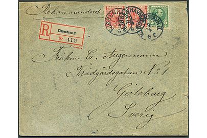 5 øre og 10 øre (par) Chr. IX på anbefalet brev annulleret med lapidar Kjøbenhavn II. d. 9.4.1906 til Göteborg, Sverige.