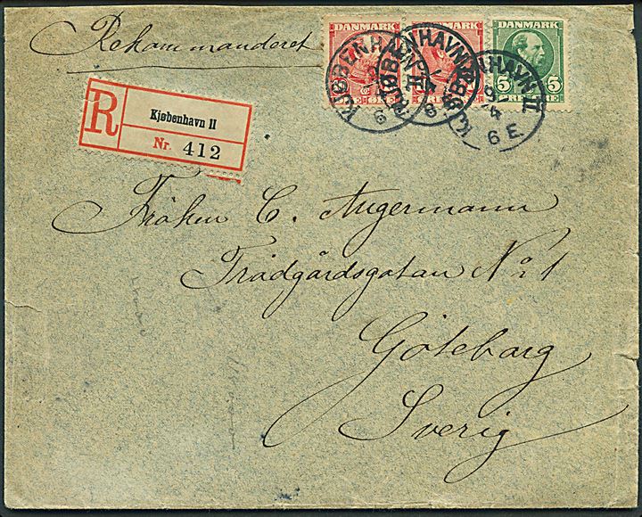 5 øre og 10 øre (par) Chr. IX på anbefalet brev annulleret med lapidar Kjøbenhavn II. d. 9.4.1906 til Göteborg, Sverige.