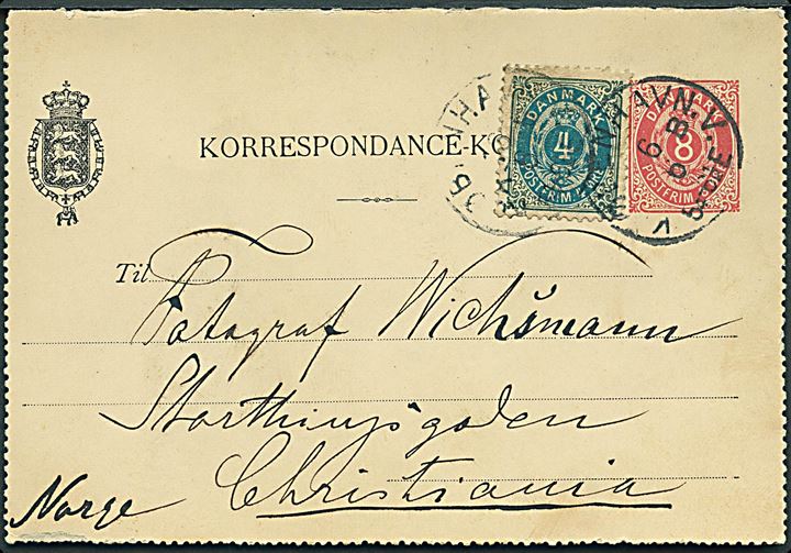 8 øre helsags korrespondancekort opfrankeret med 4 øre Tofarvet fra Kjøbenhavn d. 6.6.1897 til Christiania, Norge.