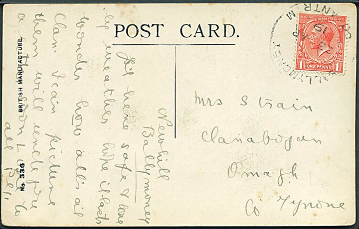 1d George V på brevkort annulleret med skeleton stempel Ballymoney Co. Antrim d. 23.4.1919 til Omagh. Anvendt i Nordireland.