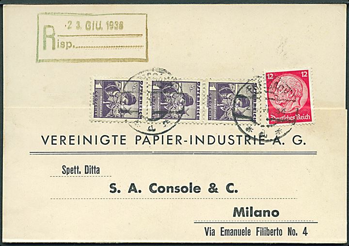 Østrigsk 1 gr. (3-stribe) og tysk 12 pfg. Hindenburg på blandingsfrankeret brevkort fra Frisach d. 21.6.1938 til Milano, Italien. Anvendt i perioden efter den tyske indlemmelse af Østrig.