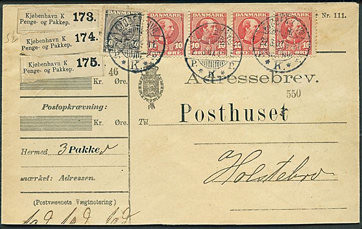 10 øre (4-stribe) og 50 øre Chr. IX på adressebrev for 3 pakker fra Kjøbenhavn d. 22.3.1907 til Holstebro. Afkortet i bunden.