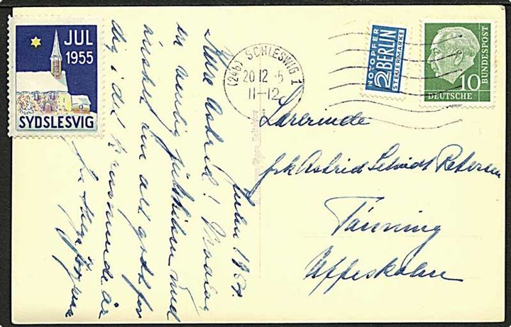10 pfg. Heuss og 2 pfg. Berlin Notopfer, samt Sydslesvig 1955 julemærke på brevkort fra Schleswig d. 20.12.1955 til Tönning.