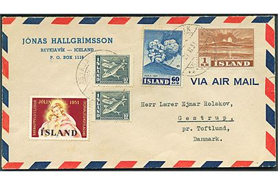 10 aur Sild (par), 60 aur og 1 kr. Hekla, samt Thorvaldsen Foreningen Julemærke 1951, på luftpostbrev fra Reykjavik d. 21.11.1951 til Gestrup pr. Toftlund, Danmark.