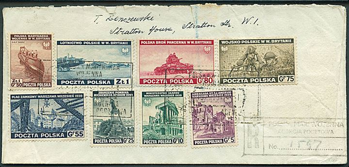 Komplet sæt Polske Exil udg. 1941 på anbefalet brev annulleret med polsk flådepost stempel d. 15.12.1941 til London. Britisk censur.
