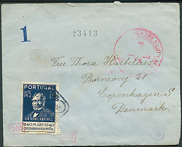 Ufrankeret brev fra South African Red Cross frankeret i Portugal med 1$75 Rowland Hill og sendt fra Lissabon d. x.8.1941 til København, Danmark. På bagsiden ovalt stempel fra portugisisk Røde Kors i Lissabon d. 27.8.1941. Åbnet af tysk censur.