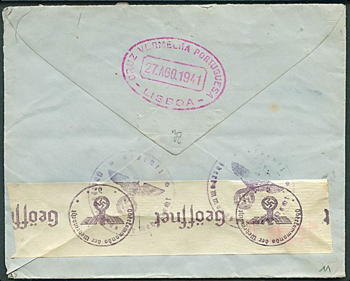 Ufrankeret brev fra South African Red Cross frankeret i Portugal med 1$75 Rowland Hill og sendt fra Lissabon d. x.8.1941 til København, Danmark. På bagsiden ovalt stempel fra portugisisk Røde Kors i Lissabon d. 27.8.1941. Åbnet af tysk censur.
