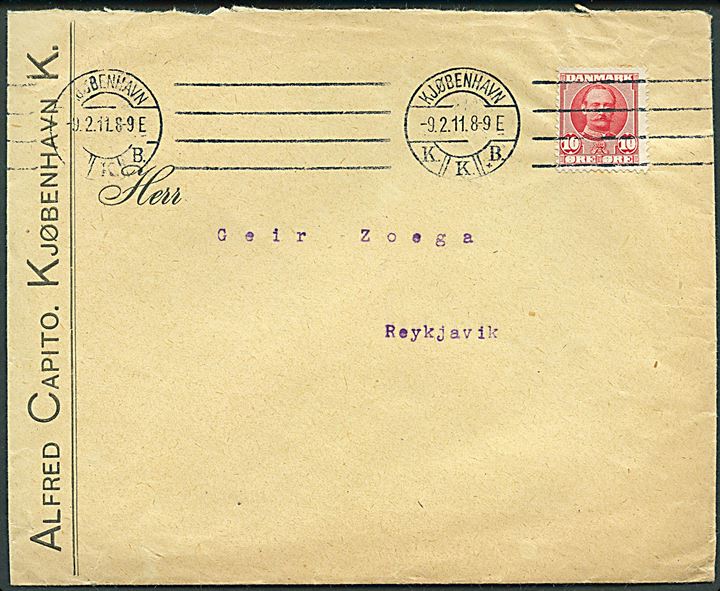 10 øre Fr. VIII på brev fra Kjøbenhavn d. 9.2.1911 til Reykjavik, Island.