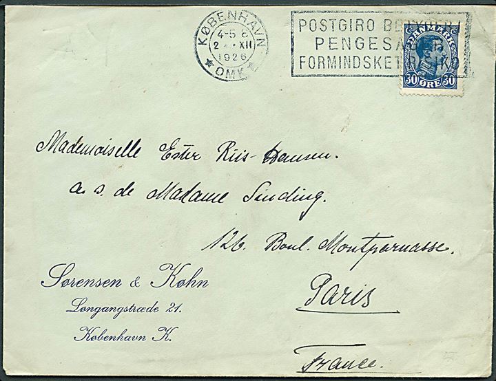 30 øre Chr. X på brev annulleret med TMS København *OMK*/Postgiro betyder * Pengesager * formindsket Risiko d. 2.12.1926 til Paris, Frankrig. Afkortet i toppen.