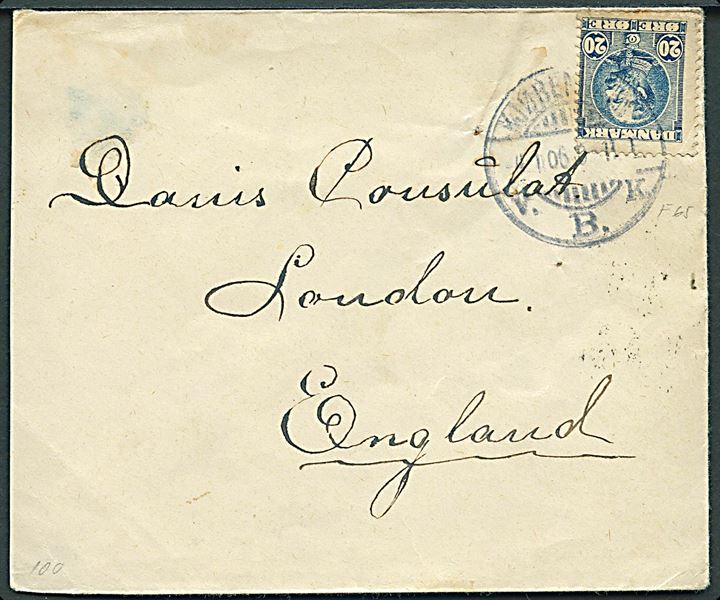 20 øre Chr. IX på brev fra Kjøbenhavn d. 4.1.1906 til London, England.
