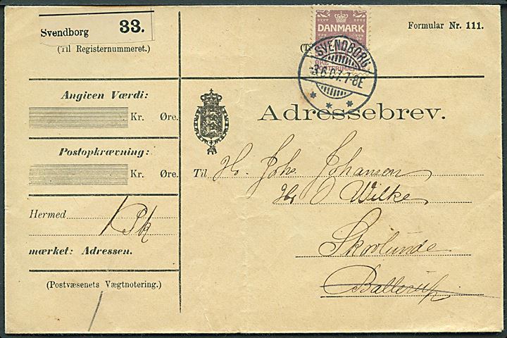 15 øre Bølgelinie single på adressebrev for pakke fra Svendborg d. 3.6.1907 til Skovlunde. Fold.