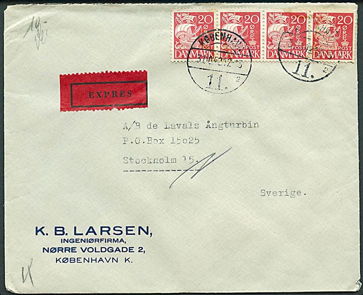 20 øre Karavel i 4-stribe på ekspresbrev fra København d. 31.10.1942 til Stockholm, Sverige. Åbnet af censuren i København.