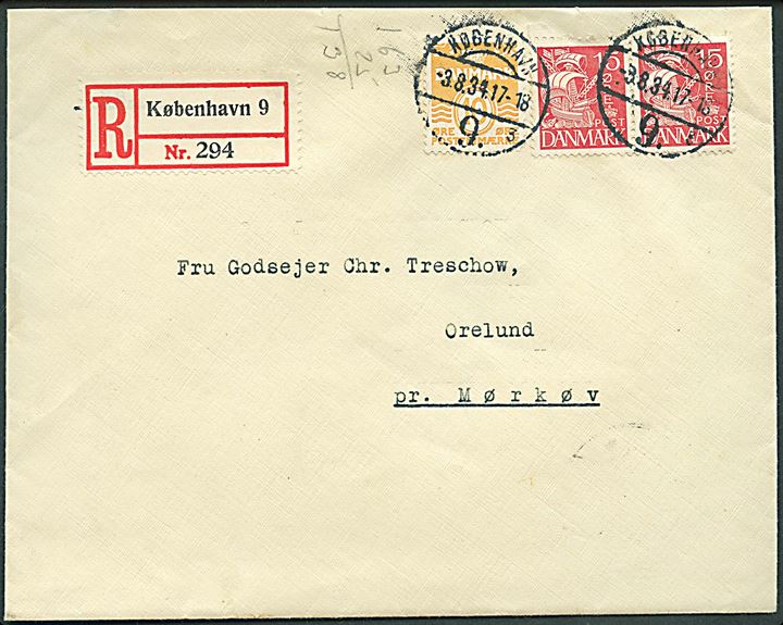 10 øre Bølgelinie og 15 øre Karavel (par) på anbefalet brev fra København d. 3.8.1934 til Orelund pr. Mørkøv.