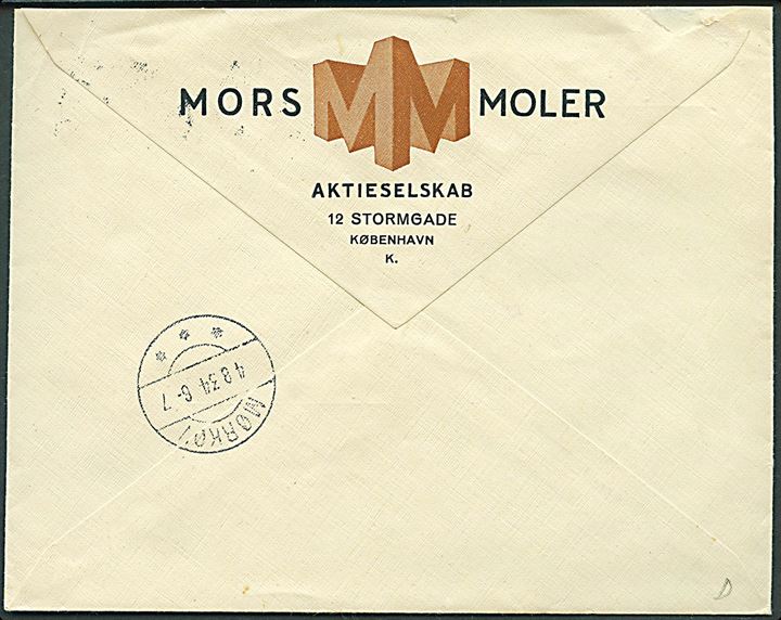10 øre Bølgelinie og 15 øre Karavel (par) på anbefalet brev fra København d. 3.8.1934 til Orelund pr. Mørkøv.