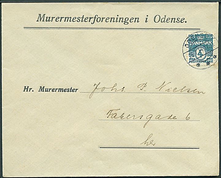 4 øre Bølgelinie single på lokal tryksag i Odense d. 25.7.1934.