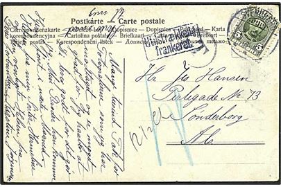 5 øre Fr. VIII single på underfrankeret brevkort stemplet Svendborg d. 7.9.1908 til Sønderborg, Nordslesvig. T stempel og rammestempel Utilstrækkelig frankeret. Udtakseret i 10 pfg. tysk porto.