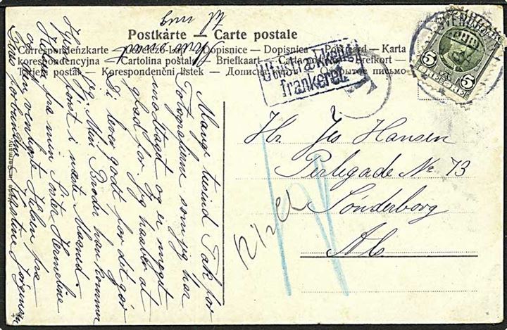 5 øre Fr. VIII single på underfrankeret brevkort stemplet Svendborg d. 7.9.1908 til Sønderborg, Nordslesvig. T stempel og rammestempel Utilstrækkelig frankeret. Udtakseret i 10 pfg. tysk porto.
