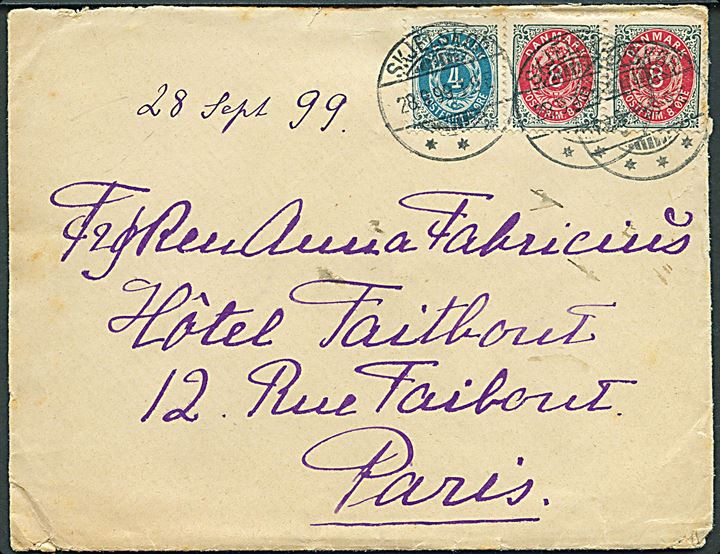 4 øre og 8 øre (par) Tofarvet på brev fra Svendborg d. 28.9.1899 til Paris, Frankrig.