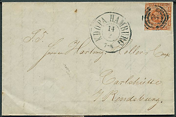 4 sk. 1858 udg. på brev annulleret med nr.stempel 2 og sidestemplet K.D.O.P.A. d. 14.2.1859 til Carlshütte pr. Rendsburg.