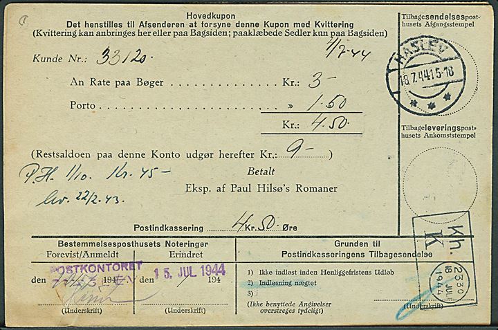 30 øre blanketmaskin frankostempel fra Kbh OMK d. 5.7.1944 på retur Indkasserings-Indbetalingskort til Haslev. På bagsiden transitstemplet med blanketmaskinstempel Kh. K. d. 18.7.1944.