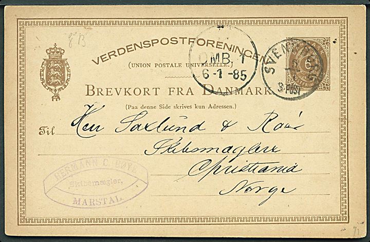 6 øre helsagsbrevkort dateret Marstal annulleret med lapidar Svendborg d. 6.1.1885 via København til Christiania, Norge.