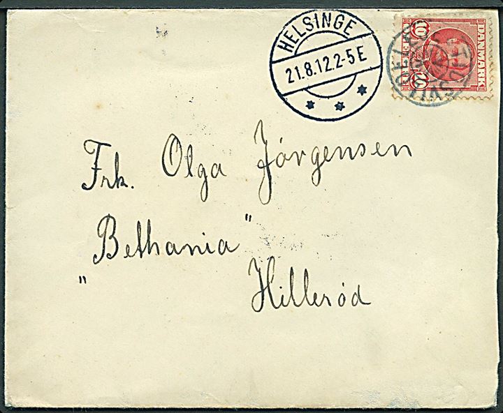 10 øre Fr. VIII på brev annulleret med stjernestempel TIDSVILDELEJE og sidestemplet Helsinge d. 21.8.1912 til Hillerød.