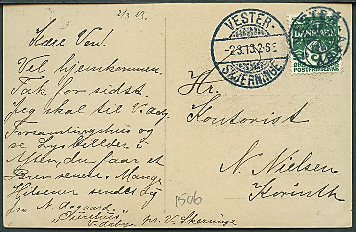 5 øre Bølgelinie på brevkort annulleret med stjernestempel VESTER-AABY og sidestemplet Vester-Skjerninge d. 2.3.1913 til Korinth.