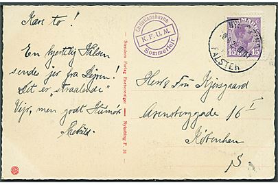 15 øre Chr. X på brevkort stemplet Nykjøbing Falster d. 10.8.1922 og sidestemplet Christianshavns K.F.U.M. Sommerlejr til København.