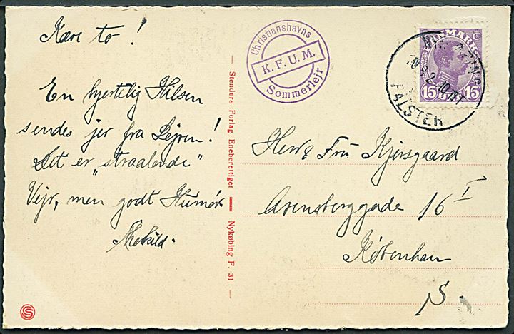 15 øre Chr. X på brevkort stemplet Nykjøbing Falster d. 10.8.1922 og sidestemplet Christianshavns K.F.U.M. Sommerlejr til København.