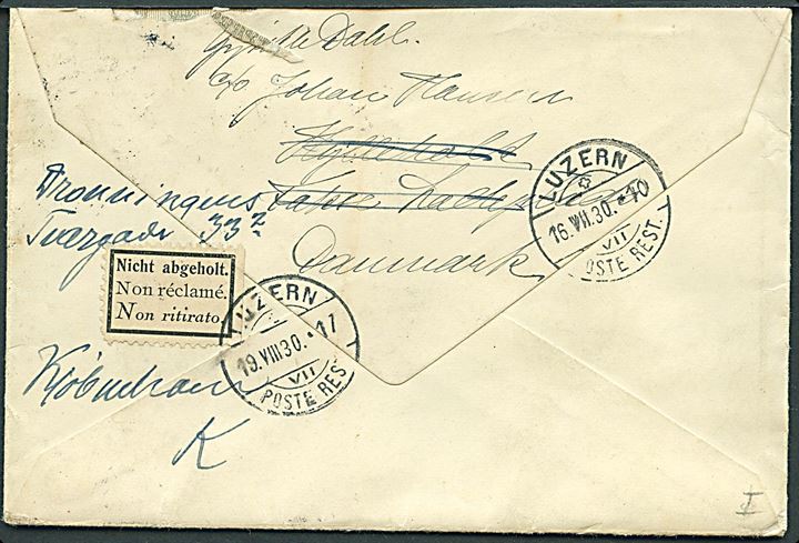25 øre Karavel single på brev annulleret med brotype IIIc Faxe Ladeplads d. 14.7.1930 til poste restante (Postlaernd) i Luzern, Schweiz. Returneret med 3-sproget etiket Nicht abgeholt.