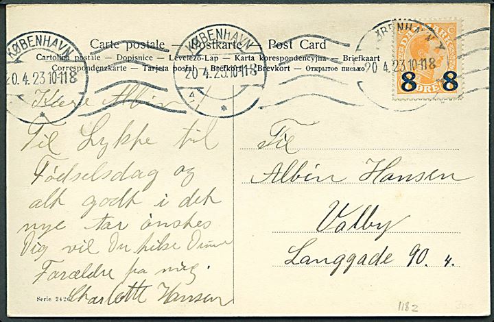 8/7 øre Provisorium med variant Midterstreg i E sammenhængende med nederste streg (Pos. 30) på lokalt brevkort i København d. 20.4.1923.