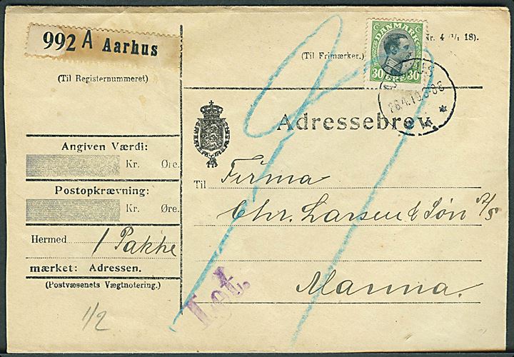 30 øre Chr. X single på adressebrev for pakke fra Aarhus d. 28.4.1919 til Manna. Violet stempel Let..
