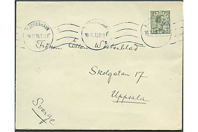 12 øre Chr. X med variant Farveplet over øre single på brev fra Kjøbenhavn d. 10.11.1918 til Uppsala, Sverige. (Pos. 45 i del af oplaget).