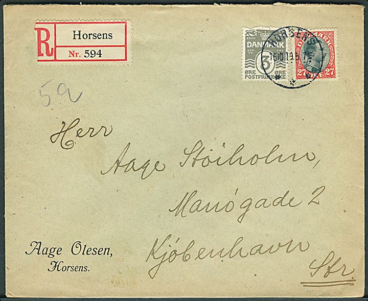 3 øre Bølgelinie (defekt) og 27 øre Chr. X på anbefalet brev fra Horsens d. 16.10.1919 til København.