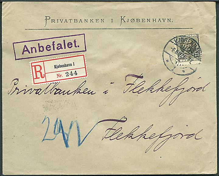 25 øre Fr. VIII single på anbefalet brev fra Kjøbenhavn d. 8.8.1907 via norsk skibspost Bureau de Mer de Norvege C Kristiansand - Frederikshavn d. 9.8.1907 og sejlende bureau Chr.A - Bergen D d. 9.8.1907 til Flekkefjord, Norge.