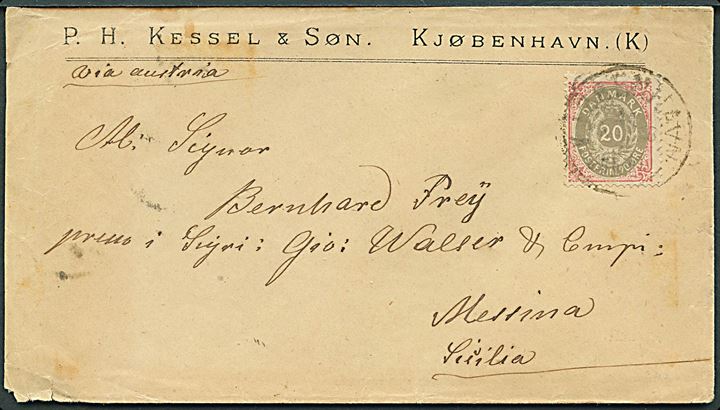 20 øre Tofarvet tryk 1a om. rm. single på brev fra Kjøbenhavn d. 11.2.1877 til Messina, Sicilien. Påskrevet via Austria.