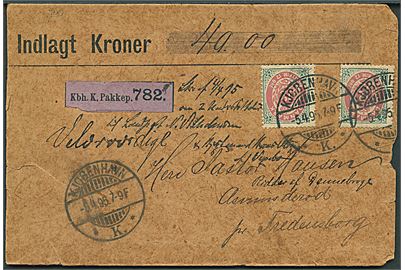 12 øre Tofarvet (2) på værdibrev fra Kjøbenhavn d. 5.4.1895 til Asminderød pr. Fredensborg. 